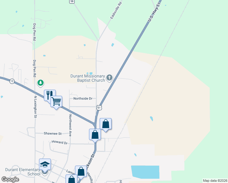 map of restaurants, bars, coffee shops, grocery stores, and more near U.S. 51 in Durant