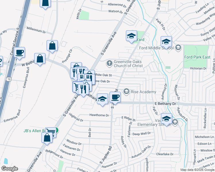map of restaurants, bars, coffee shops, grocery stores, and more near 527 English Oak Street in Allen