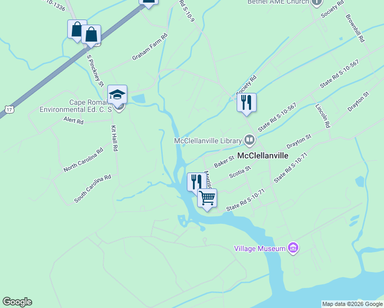 map of restaurants, bars, coffee shops, grocery stores, and more near in McClellanville