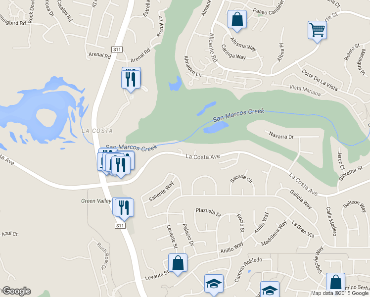 map of restaurants, bars, coffee shops, grocery stores, and more near 2324 La Costa Avenue in Carlsbad