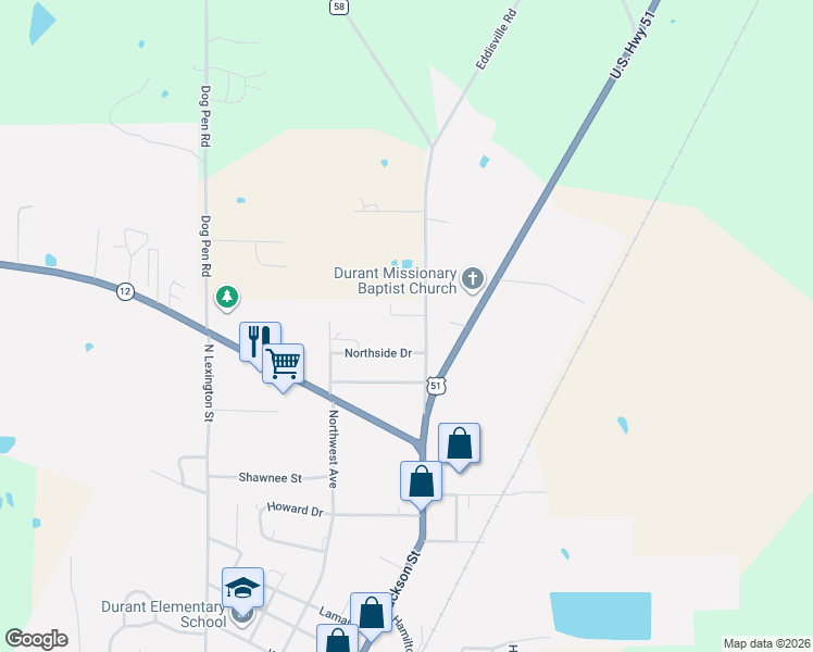 map of restaurants, bars, coffee shops, grocery stores, and more near 15732 Bowling Green Road in Durant