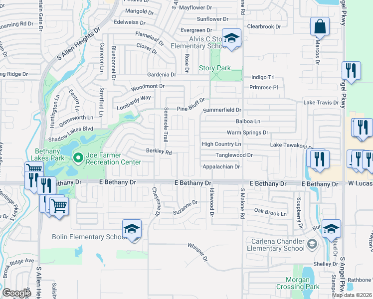 map of restaurants, bars, coffee shops, grocery stores, and more near 729 Yellowstone Drive in Allen