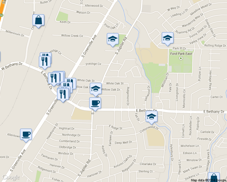 map of restaurants, bars, coffee shops, grocery stores, and more near 701 Willow Oak Drive in Allen