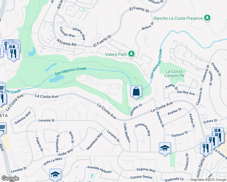map of restaurants, bars, coffee shops, grocery stores, and more near 2612 Pirineos Way in Carlsbad