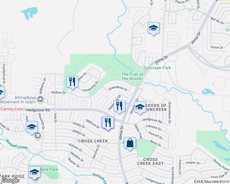 map of restaurants, bars, coffee shops, grocery stores, and more near 1421 Greenbriar Drive in Allen