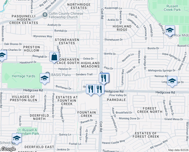 map of restaurants, bars, coffee shops, grocery stores, and more near 4009 Sendero Trail in Plano