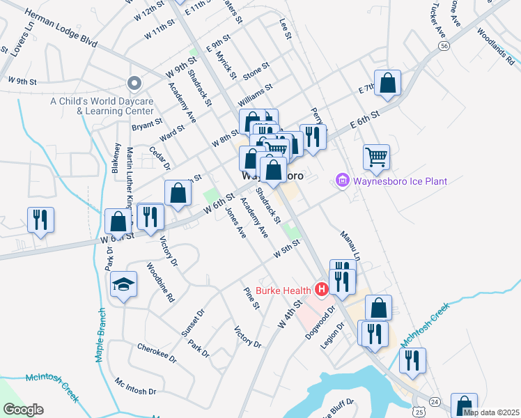 map of restaurants, bars, coffee shops, grocery stores, and more near 208 West 6th Street in Waynesboro
