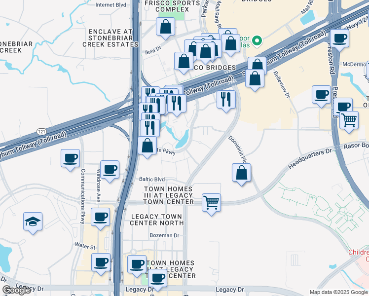 map of restaurants, bars, coffee shops, grocery stores, and more near 5601 Granite Parkway in Plano