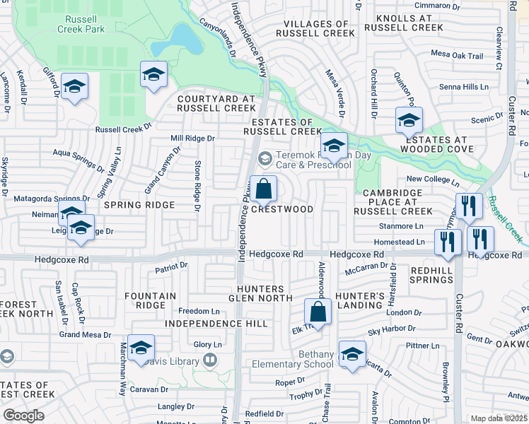 map of restaurants, bars, coffee shops, grocery stores, and more near 8080 Independence Parkway in Plano