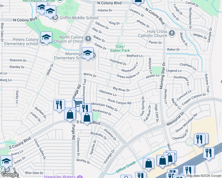 map of restaurants, bars, coffee shops, grocery stores, and more near 5524 Big River Drive in The Colony