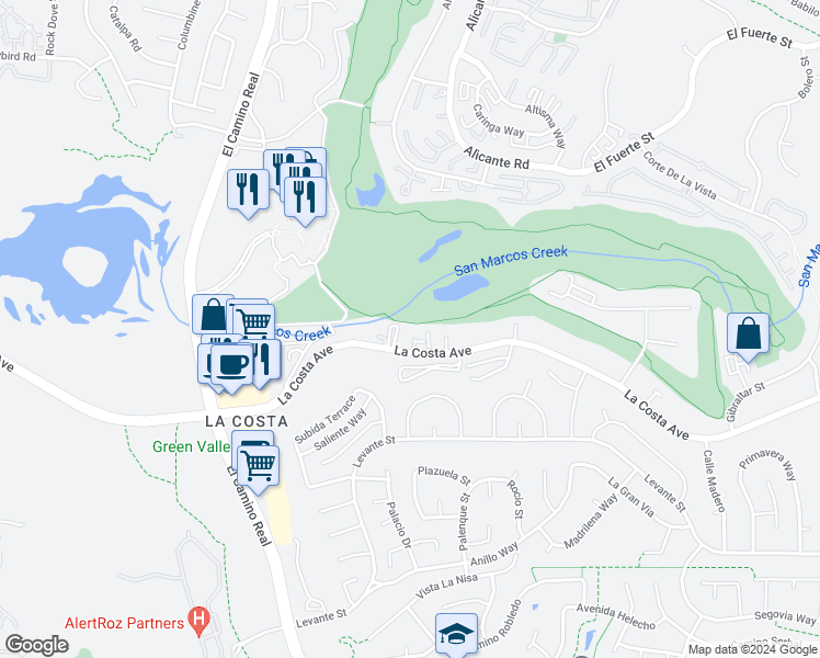 map of restaurants, bars, coffee shops, grocery stores, and more near 2324 La Costa Avenue in Carlsbad