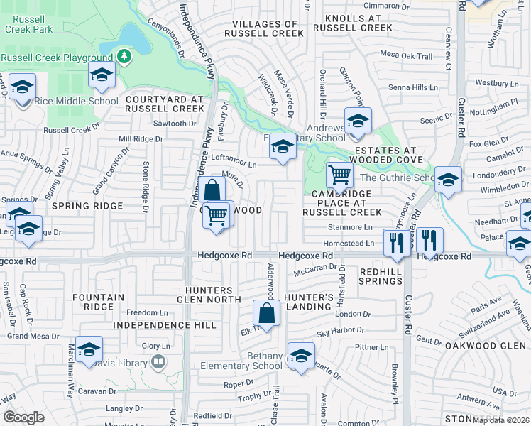 map of restaurants, bars, coffee shops, grocery stores, and more near 8116 Greenwood Drive in Plano