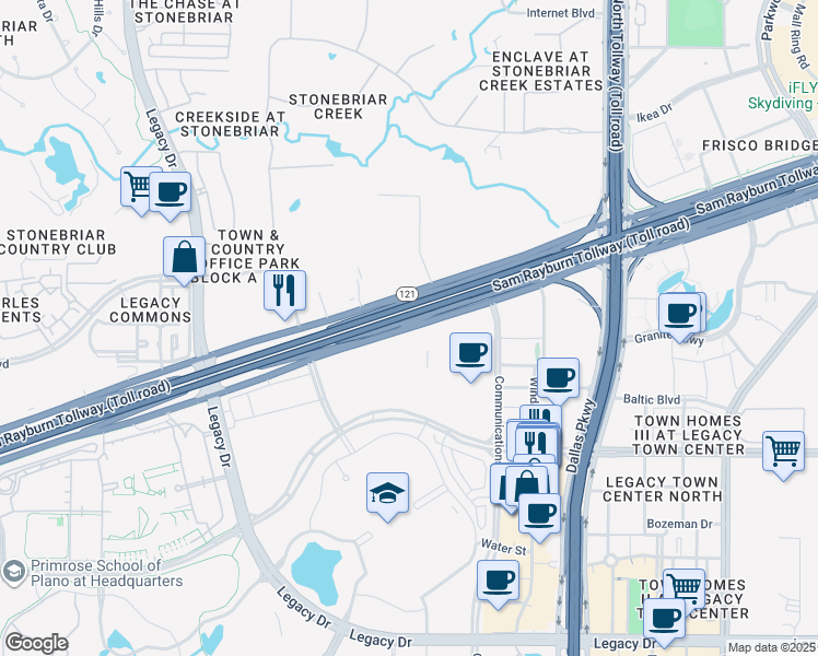 map of restaurants, bars, coffee shops, grocery stores, and more near 6212 Texas 121 in Frisco