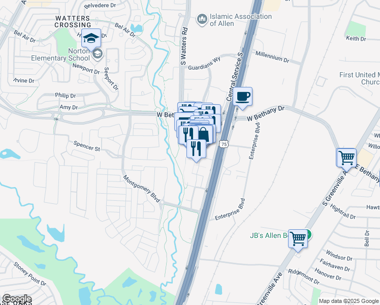 map of restaurants, bars, coffee shops, grocery stores, and more near 931 Garden Park Drive in Allen