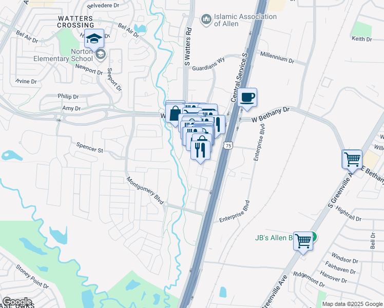 map of restaurants, bars, coffee shops, grocery stores, and more near 935 Garden Park Drive in Allen