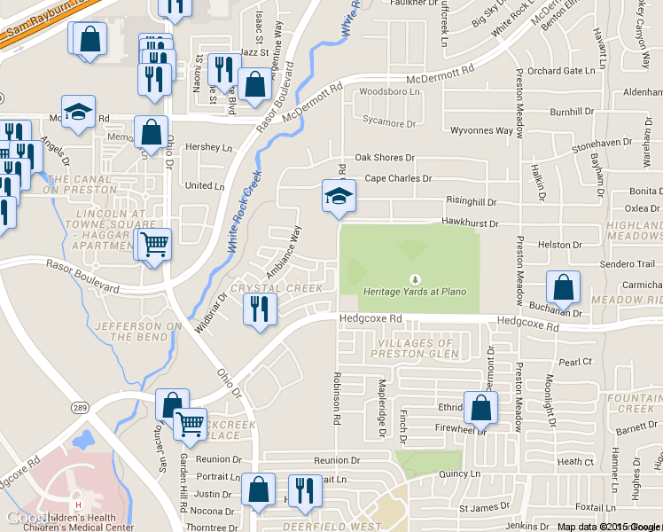 map of restaurants, bars, coffee shops, grocery stores, and more near 8012 Winscott Drive in Plano