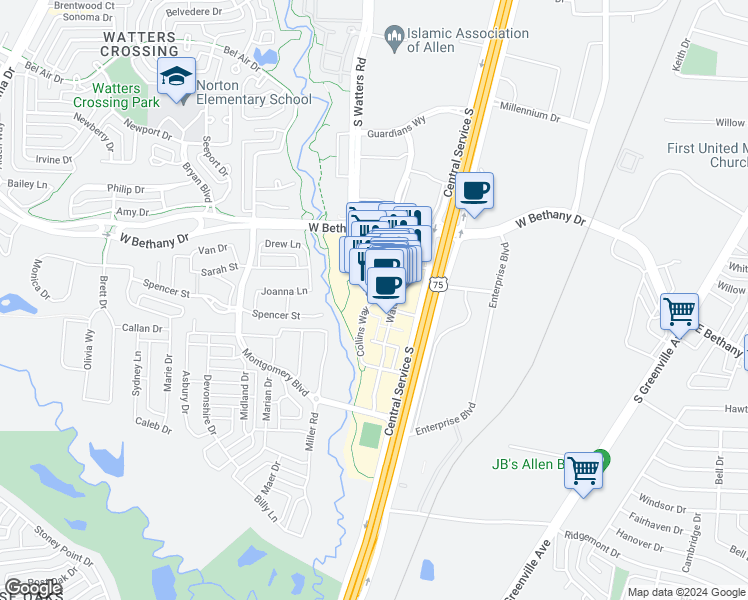 map of restaurants, bars, coffee shops, grocery stores, and more near 925 Garden Park Drive in Allen