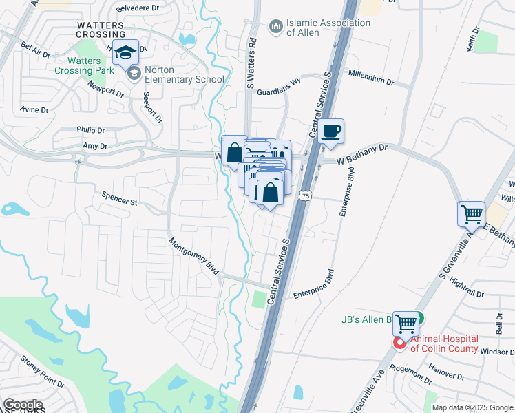 map of restaurants, bars, coffee shops, grocery stores, and more near 941 Garden Park Drive in Allen