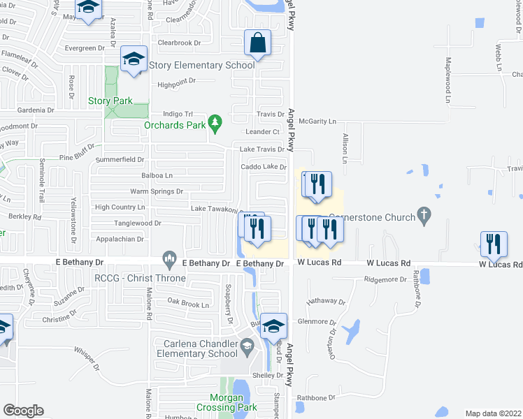 map of restaurants, bars, coffee shops, grocery stores, and more near 1809 Lake Tawakoni Drive in Allen