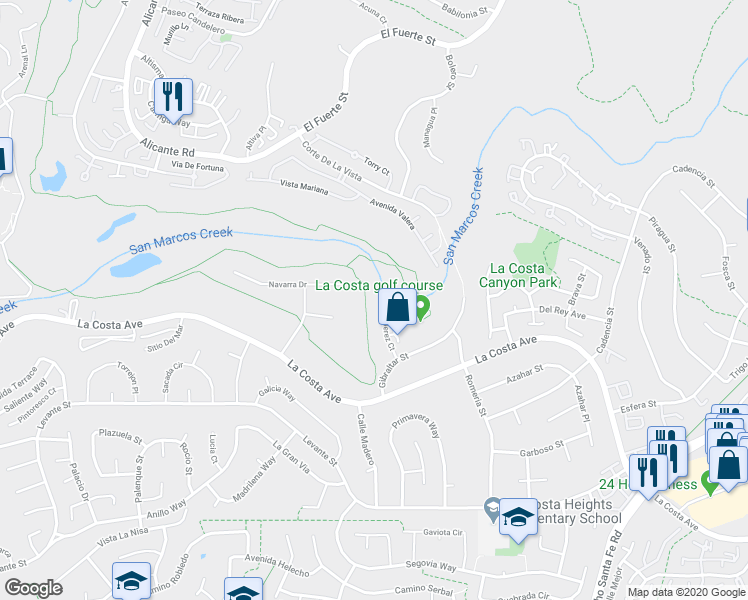 map of restaurants, bars, coffee shops, grocery stores, and more near 7505 Jerez Court in Carlsbad