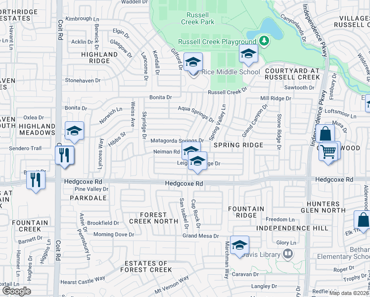 map of restaurants, bars, coffee shops, grocery stores, and more near 3424 Matagorda Springs Drive in Plano