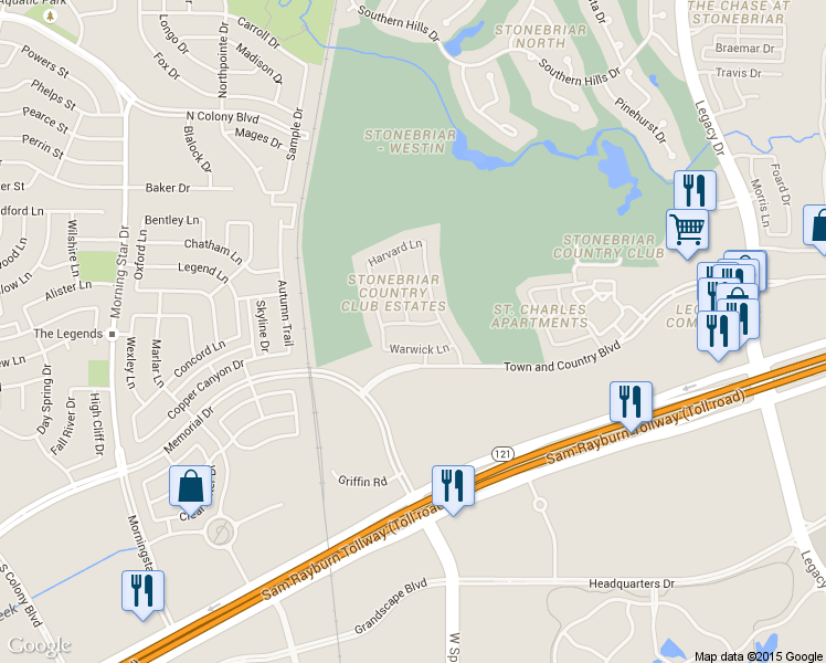 map of restaurants, bars, coffee shops, grocery stores, and more near 4597 Princess Caroline Court in Frisco