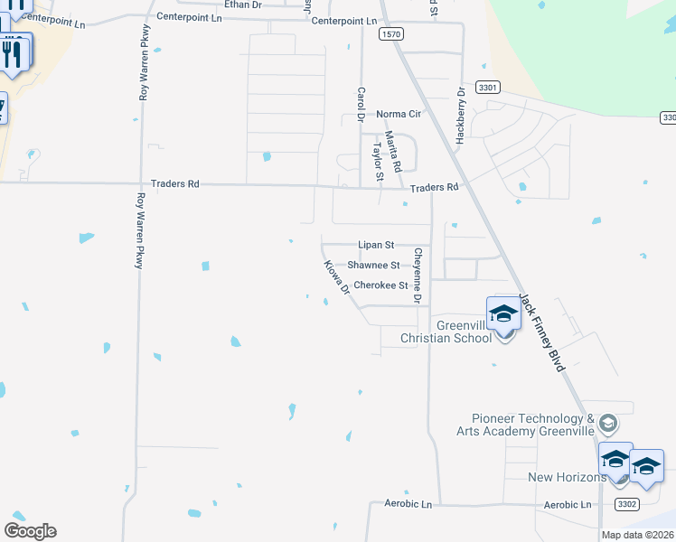 map of restaurants, bars, coffee shops, grocery stores, and more near 8815 Kiowa Drive in Greenville
