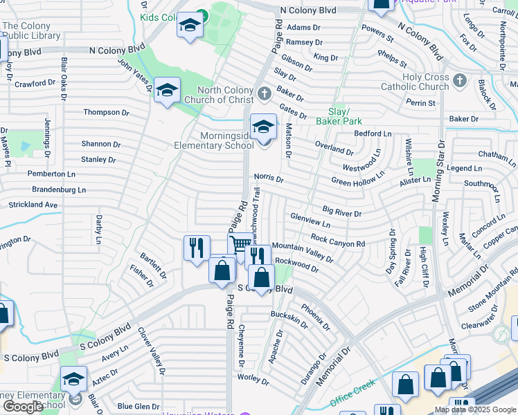 map of restaurants, bars, coffee shops, grocery stores, and more near 6441 Landmark Trail in The Colony