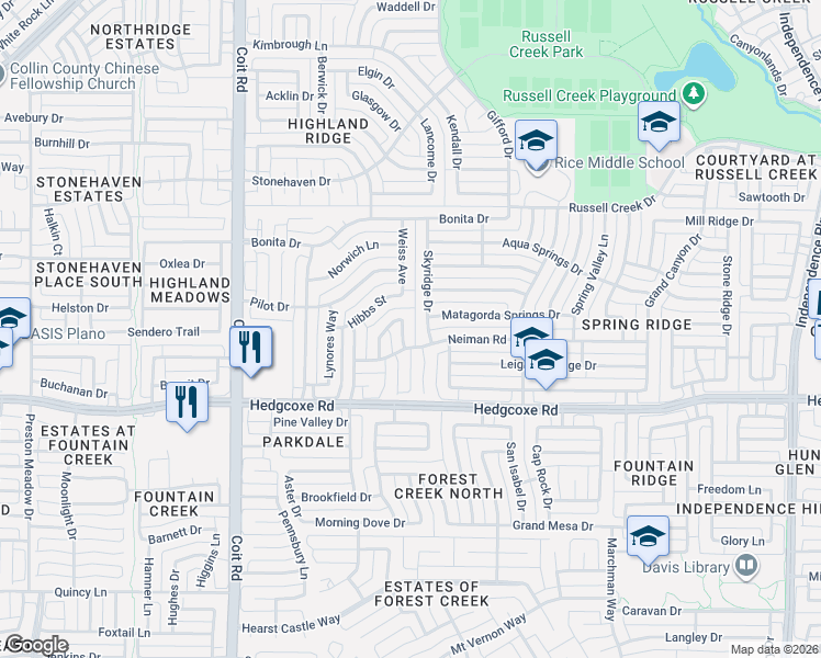 map of restaurants, bars, coffee shops, grocery stores, and more near 8108 Clayton Drive in Plano