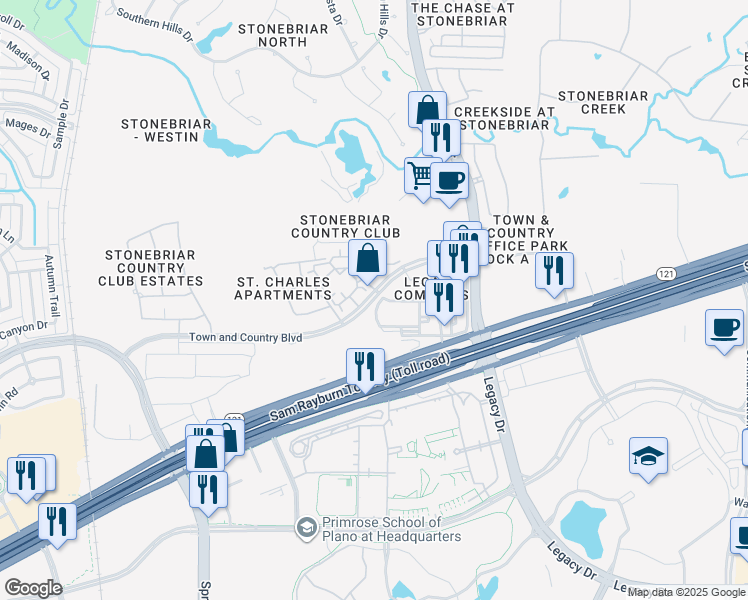 map of restaurants, bars, coffee shops, grocery stores, and more near 5275 Town and Country Boulevard in Frisco