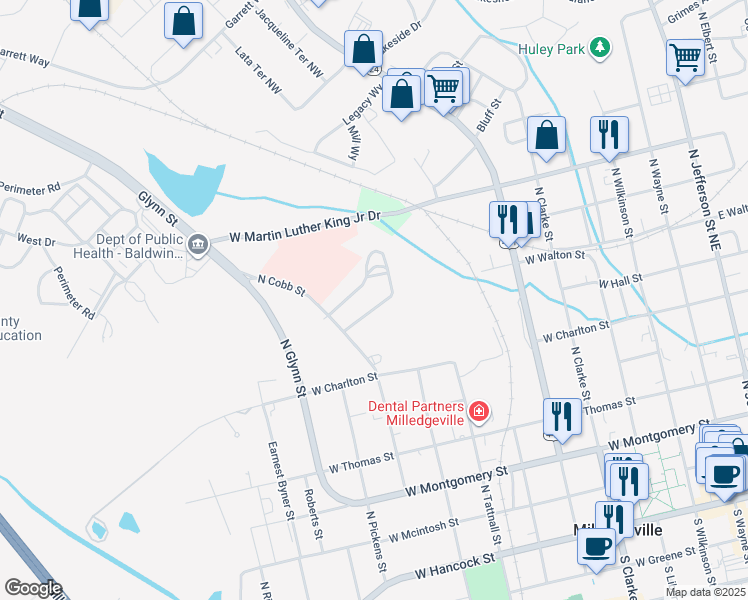 map of restaurants, bars, coffee shops, grocery stores, and more near 728 Matheson Road in Milledgeville