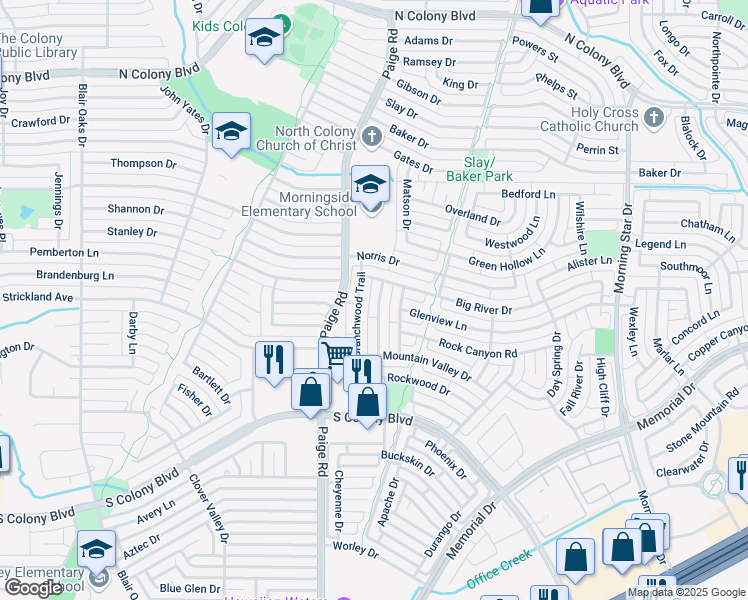 map of restaurants, bars, coffee shops, grocery stores, and more near 6441 Landmark Trail in The Colony