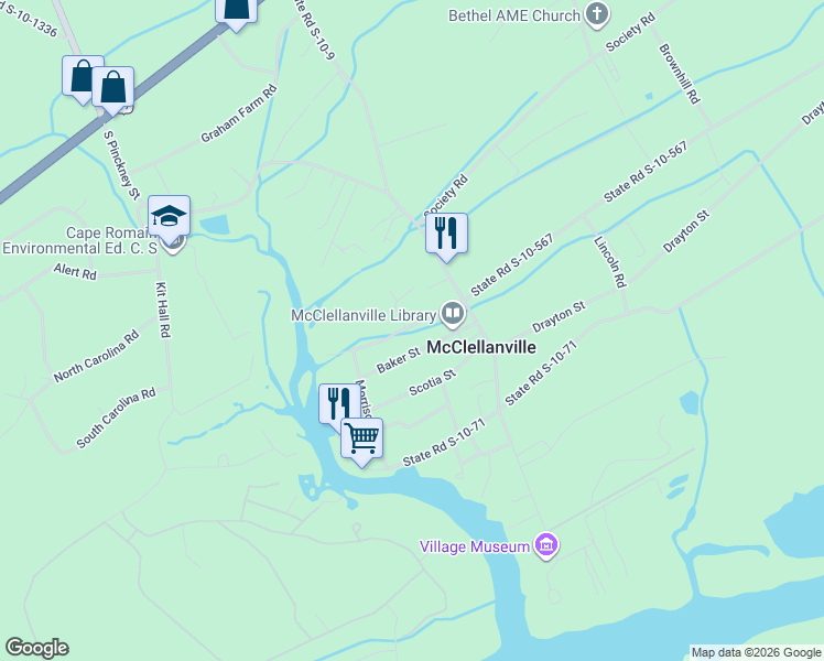 map of restaurants, bars, coffee shops, grocery stores, and more near 201 Cassena Street in McClellanville