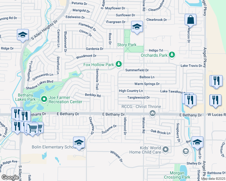 map of restaurants, bars, coffee shops, grocery stores, and more near 729 Yellowstone Drive in Allen