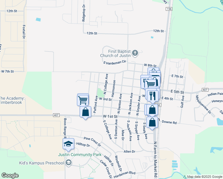 map of restaurants, bars, coffee shops, grocery stores, and more near 602 West 4th Street in Justin
