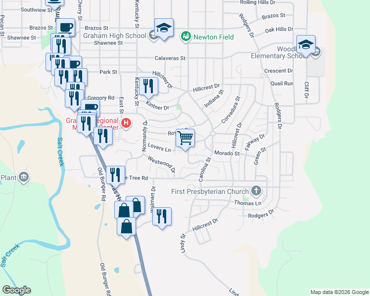 map of restaurants, bars, coffee shops, grocery stores, and more near 1105 Corvadura Street in Graham