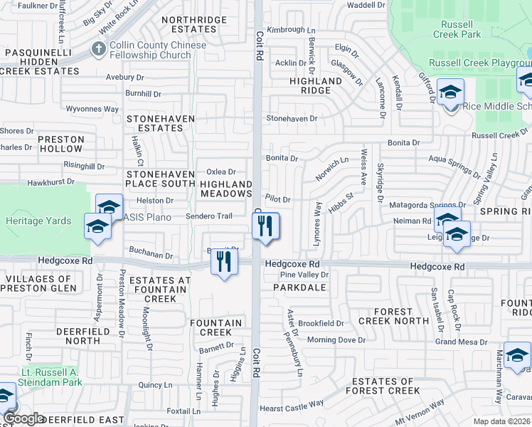 map of restaurants, bars, coffee shops, grocery stores, and more near 8100 Coit Road in Plano