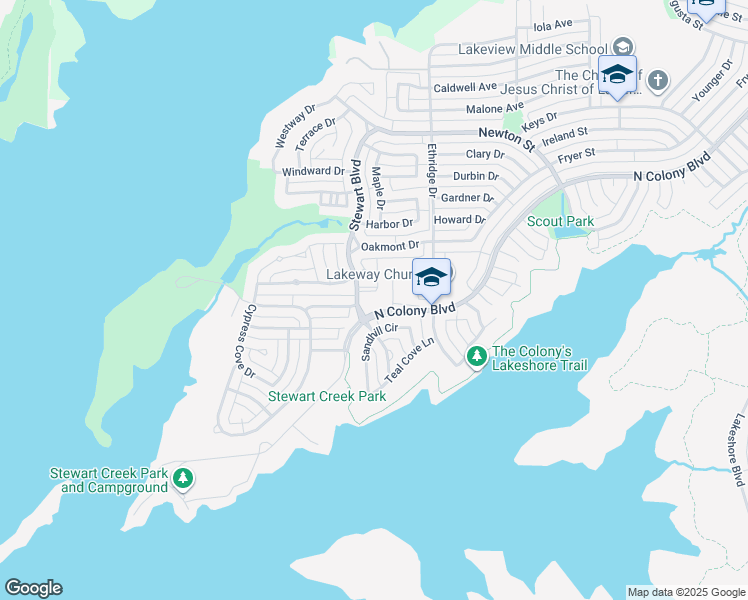 map of restaurants, bars, coffee shops, grocery stores, and more near 6000 Stewart Boulevard in The Colony
