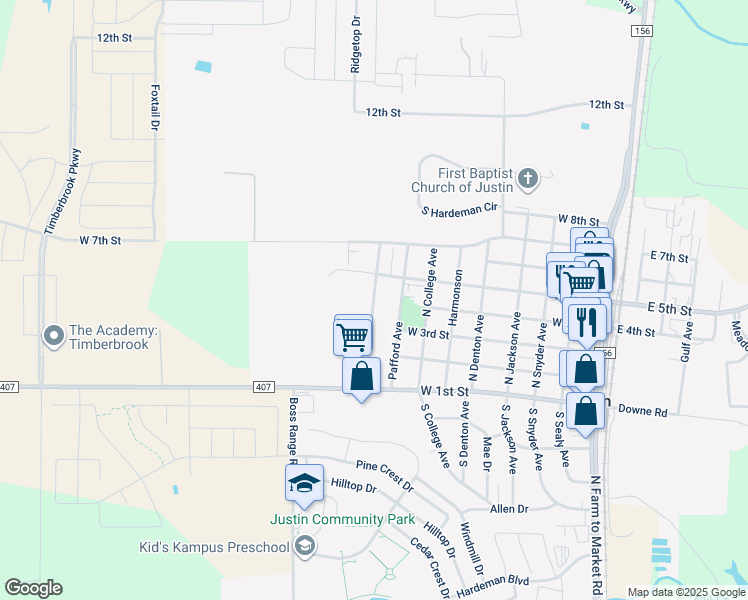 map of restaurants, bars, coffee shops, grocery stores, and more near 406 Leuty Avenue in Justin