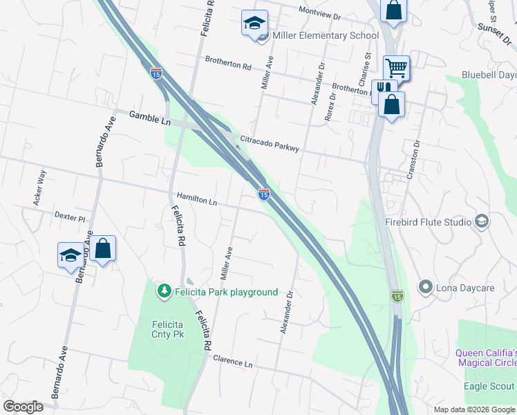 map of restaurants, bars, coffee shops, grocery stores, and more near 678 Hamilton Lane in Escondido