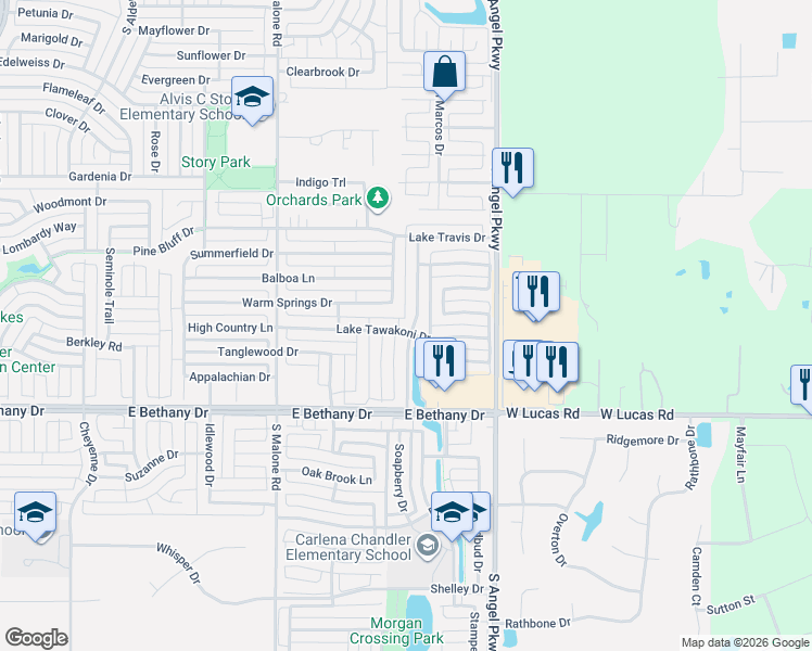 map of restaurants, bars, coffee shops, grocery stores, and more near 1709 Lake Tawakoni Drive in Allen