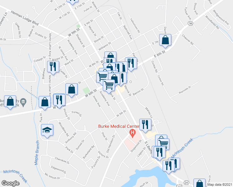map of restaurants, bars, coffee shops, grocery stores, and more near 527 South Liberty Street in Waynesboro