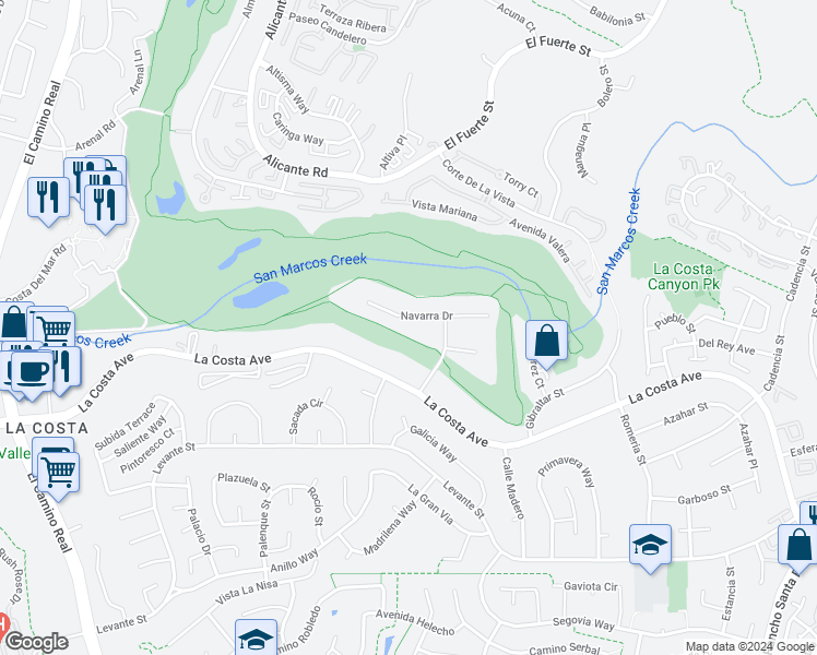 map of restaurants, bars, coffee shops, grocery stores, and more near 2523 Navarra Drive in Carlsbad