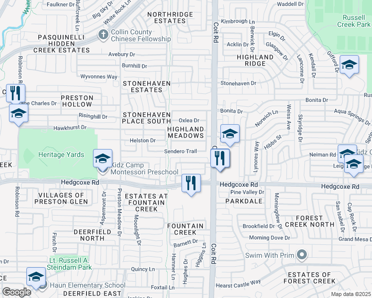 map of restaurants, bars, coffee shops, grocery stores, and more near 4037 Sendero Trail in Plano