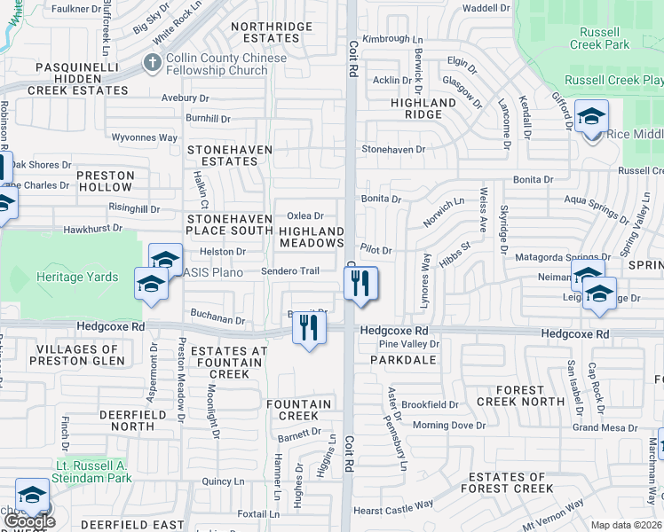 map of restaurants, bars, coffee shops, grocery stores, and more near 4009 Sendero Trail in Plano