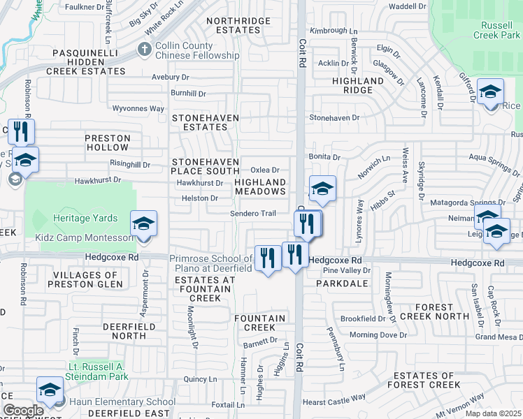 map of restaurants, bars, coffee shops, grocery stores, and more near 4037 Sendero Trail in Plano