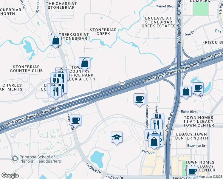 map of restaurants, bars, coffee shops, grocery stores, and more near Sam Rayburn Tollway in Frisco