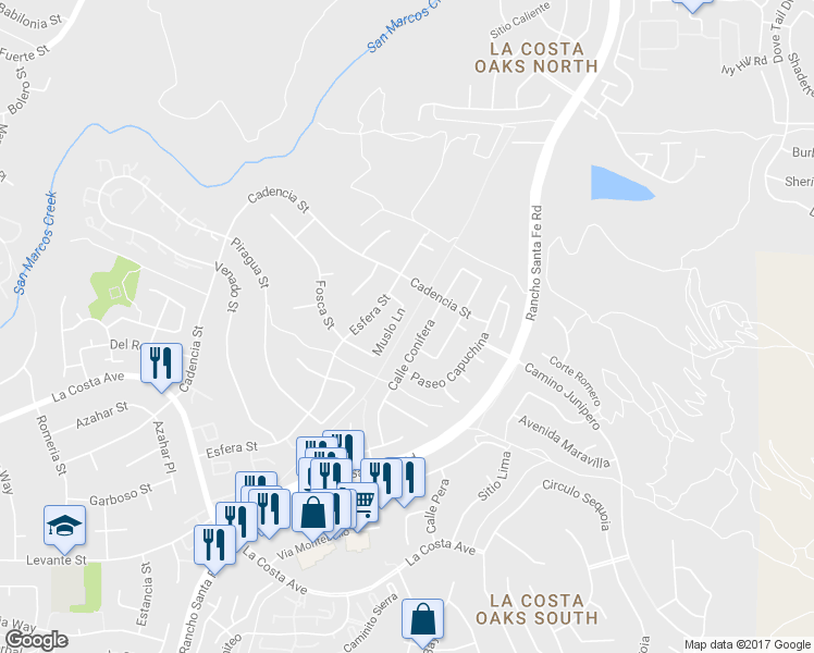 map of restaurants, bars, coffee shops, grocery stores, and more near Old Ranch Santa Fe Road in Carlsbad