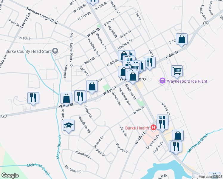 map of restaurants, bars, coffee shops, grocery stores, and more near Jones Avenue in Waynesboro