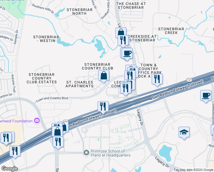 map of restaurants, bars, coffee shops, grocery stores, and more near 5255 Town and Country Boulevard in Frisco